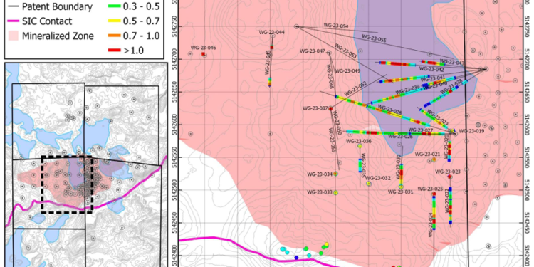 Plan map of the current area of drilling on the West Graham Project showing the collar locations and drill traces of the completed holes. Assay results for the reported holes are shown in callouts. Interval lengths reported above are downhole lengths. See Table 1 for true width estimations. (Credit: SPC Nickel Corp.)