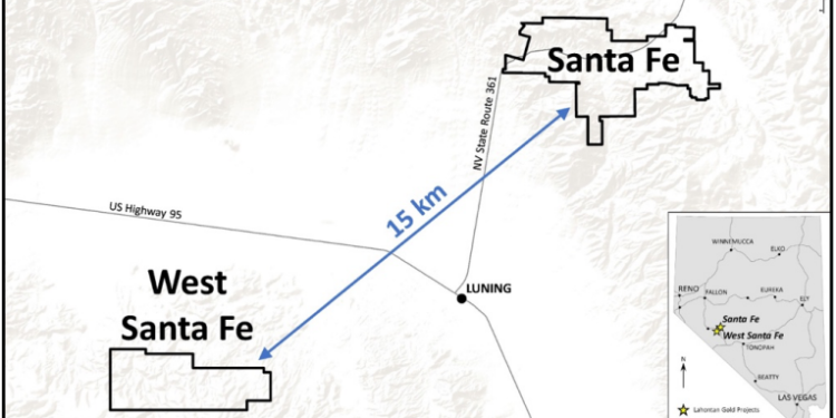 Location of the West Santa Fe project, Mineral County, Nevada. Lahontan’s land holdings in the Walker Lane now total 57 square km. (Credit: Lahontan Gold Corp)
