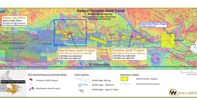 Wallbridge’s Detour-Fenelon Gold Trend land package and 2023 priority exploration target areas. (Credit: Wallbridge Mining Company)