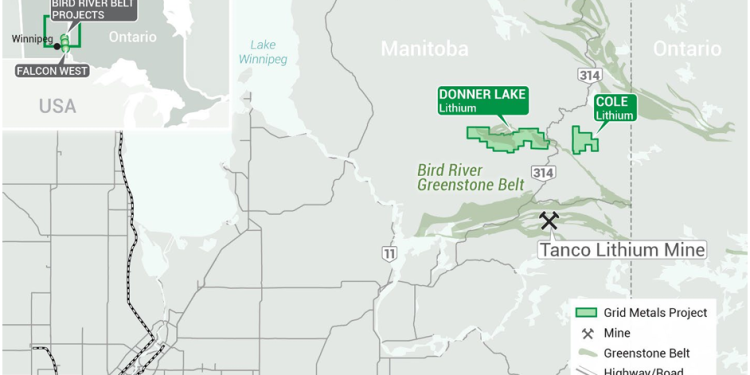 Location of the True North mill in the Rice Lake greenstone belt showing proximity to the Donner Lake lithium property and the City of Winnipeg.  (Credit: Grid Metals)